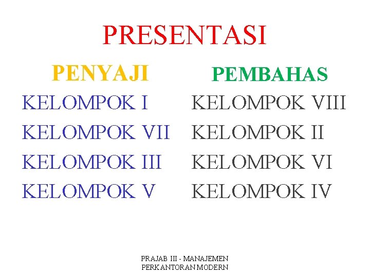 PRESENTASI PENYAJI KELOMPOK VII KELOMPOK III KELOMPOK V PEMBAHAS KELOMPOK VIII KELOMPOK VI KELOMPOK