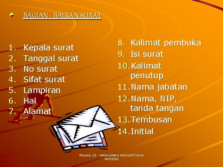 BAGIAN - BAGIAN SURAT 1. 2. 3. 4. 5. 6. 7. Kepala surat Tanggal