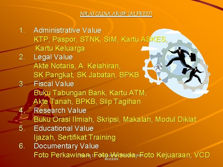 NILAI GUNA ARSIP (ALFRED) 1. 2. 3. 4. 5. 6. Administrative Value KTP, Paspor,