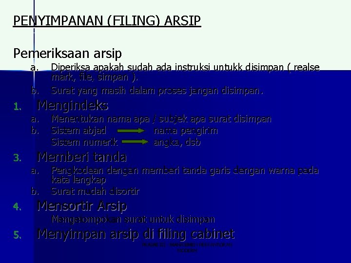 PENYIMPANAN (FILING) ARSIP Pemeriksaan arsip a. b. 1. 3. Mengindeks a. b. Menentukan nama