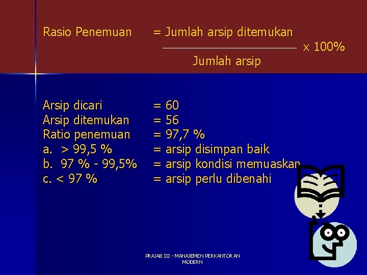 Rasio Penemuan = Jumlah arsip ditemukan Jumlah arsip Arsip dicari Arsip ditemukan Ratio penemuan