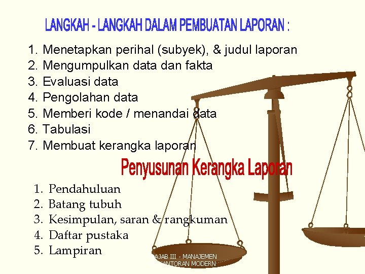 1. Menetapkan perihal (subyek), & judul laporan 2. Mengumpulkan data dan fakta 3. Evaluasi