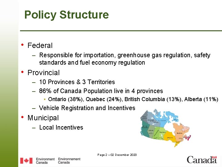 Policy Structure • Federal – Responsible for importation, greenhouse gas regulation, safety standards and