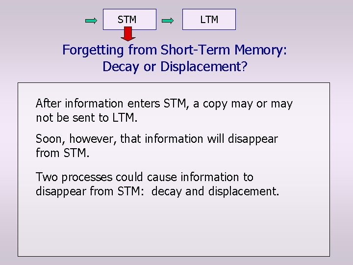 STM LTM Forgetting from Short-Term Memory: Decay or Displacement? After information enters STM, a