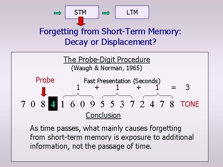 STM LTM Forgetting from Short-Term Memory: Decay or Displacement? The Probe-Digit Procedure (Waugh &