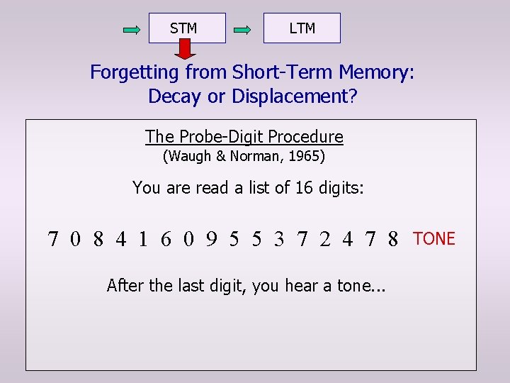 STM LTM Forgetting from Short-Term Memory: Decay or Displacement? The Probe-Digit Procedure (Waugh &