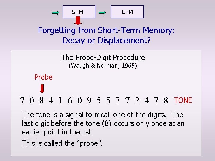 STM LTM Forgetting from Short-Term Memory: Decay or Displacement? The Probe-Digit Procedure (Waugh &