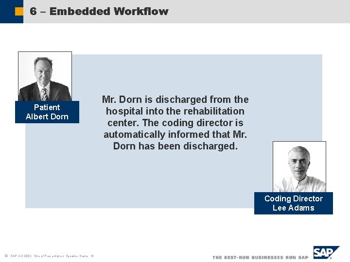 6 – Embedded Workflow Patient Albert Dorn Mr. Dorn is discharged from the hospital