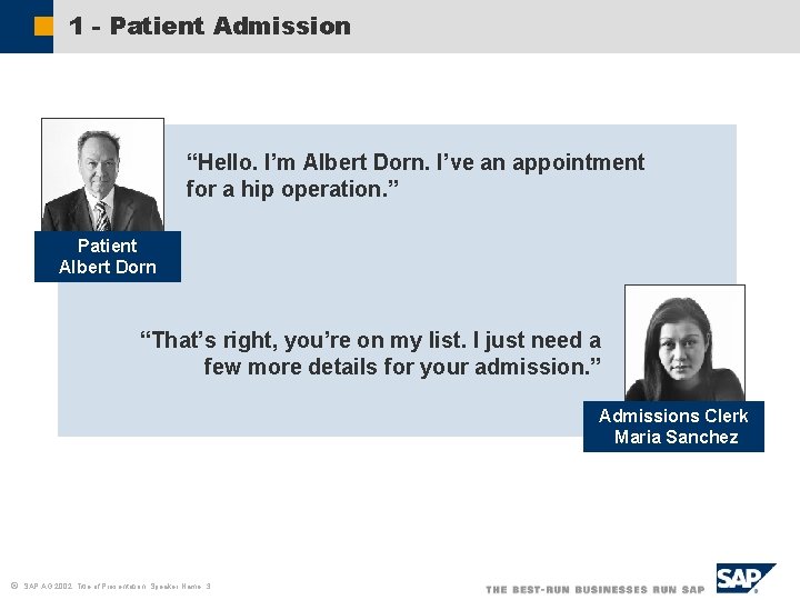 1 - Patient Admission “Hello. I’m Albert Dorn. I’ve an appointment for a hip