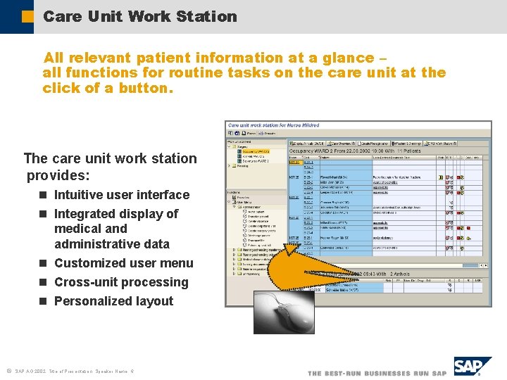 Care Unit Work Station All relevant patient information at a glance – all functions