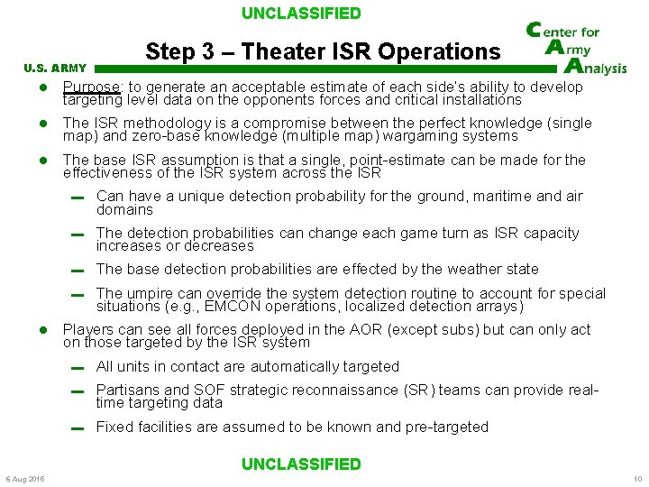 UNCLASSIFIED U. S. ARMY Step 3 – Theater ISR Operations Purpose: to generate an