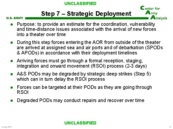 UNCLASSIFIED U. S. ARMY Step 7 – Strategic Deployment Purpose: to provide an estimate