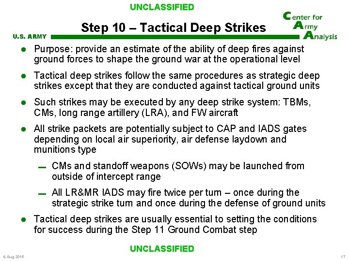 UNCLASSIFIED U. S. ARMY Step 10 – Tactical Deep Strikes Purpose: provide an estimate