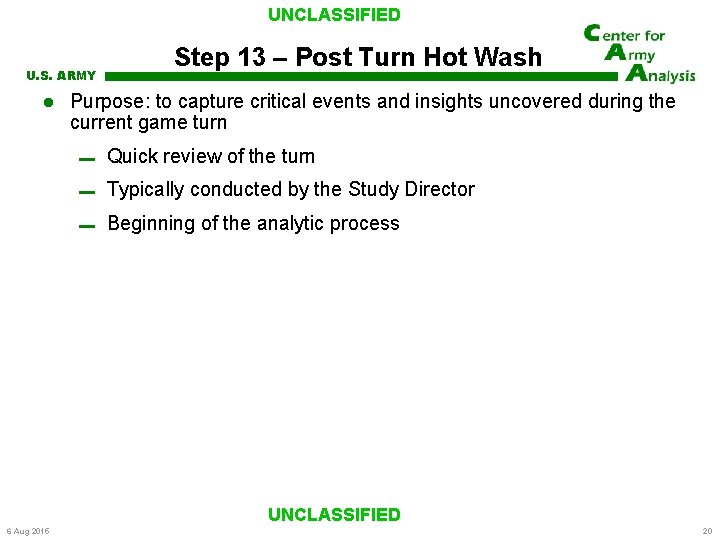 UNCLASSIFIED U. S. ARMY Step 13 – Post Turn Hot Wash Purpose: to capture