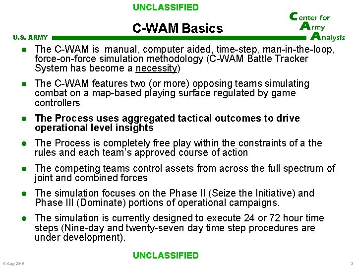 UNCLASSIFIED U. S. ARMY C-WAM Basics The C-WAM is manual, computer aided, time-step, man-in-the-loop,