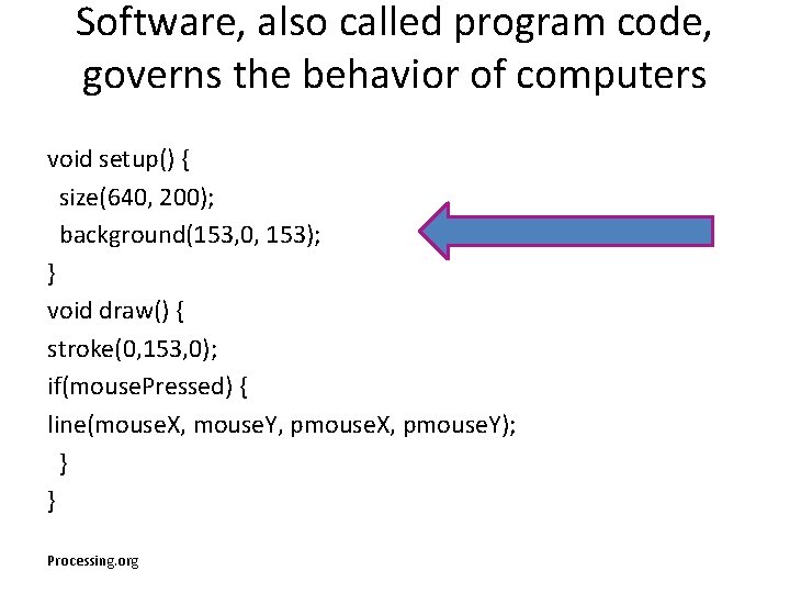 Software, also called program code, governs the behavior of computers void setup() { size(640,