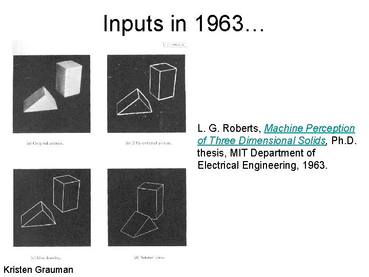 Inputs in 1963… L. G. Roberts, Machine Perception of Three Dimensional Solids, Ph. D.