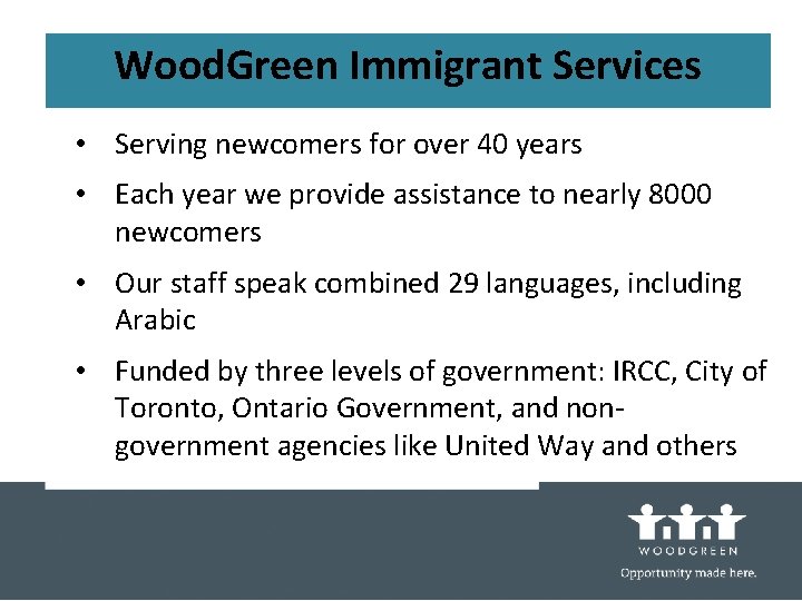 Wood. Green Immigrant Services • Serving newcomers for over 40 years • Each year