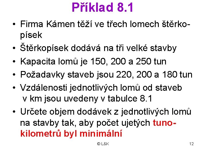 Příklad 8. 1 • Firma Kámen těží ve třech lomech štěrkopísek • Štěrkopísek dodává