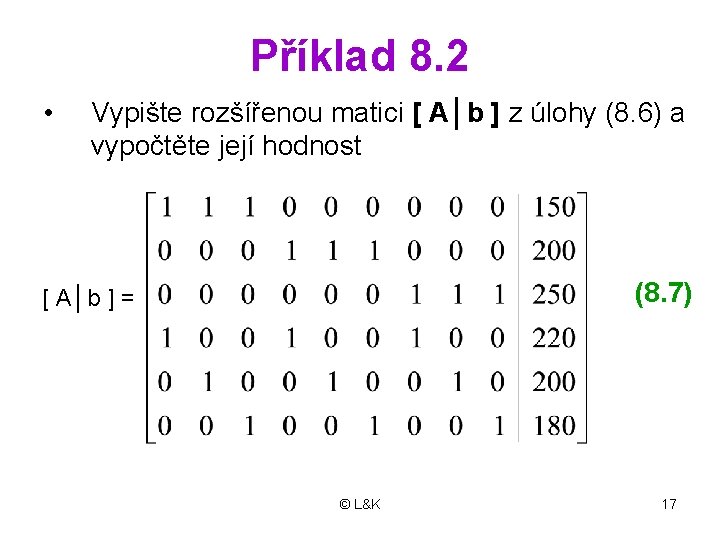 Příklad 8. 2 • Vypište rozšířenou matici [ A│b ] z úlohy (8. 6)