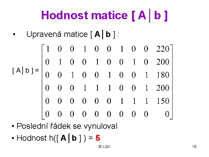 Hodnost matice [ A│b ] • Upravená matice [ A│b ] : [ A│b