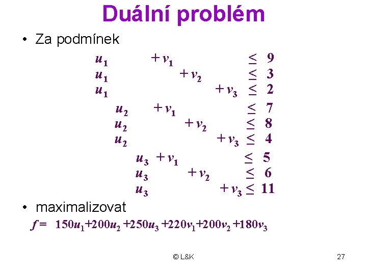 Duální problém • Za podmínek u 1 u 1 u 2 u 2 +