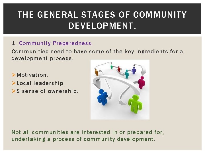 THE GENERAL STAGES OF COMMUNITY DEVELOPMENT. 1. Community Preparedness. Communities need to have some