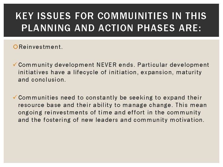 KEY ISSUES FOR COMMUINITIES IN THIS PLANNING AND ACTION PHASES ARE: Reinvestment. ü Community