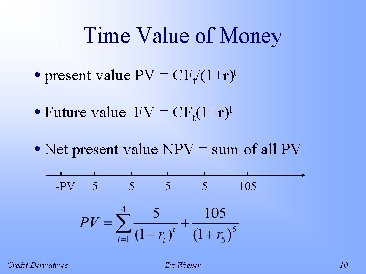 Time Value of Money • present value PV = CFt/(1+r)t • Future value FV