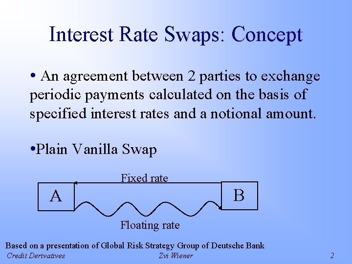 Interest Rate Swaps: Concept • An agreement between 2 parties to exchange periodic payments