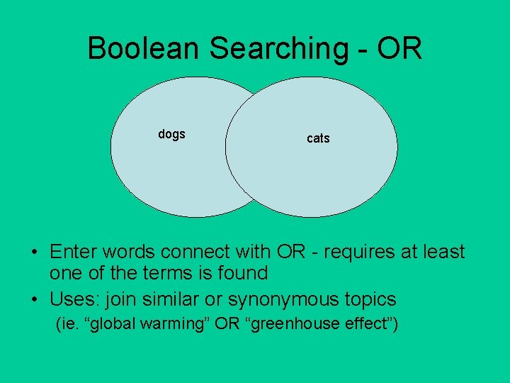 Boolean Searching - OR dogs cats • Enter words connect with OR - requires