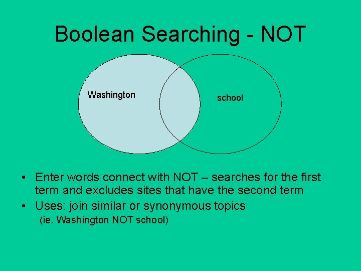 Boolean Searching - NOT Washington school • Enter words connect with NOT – searches