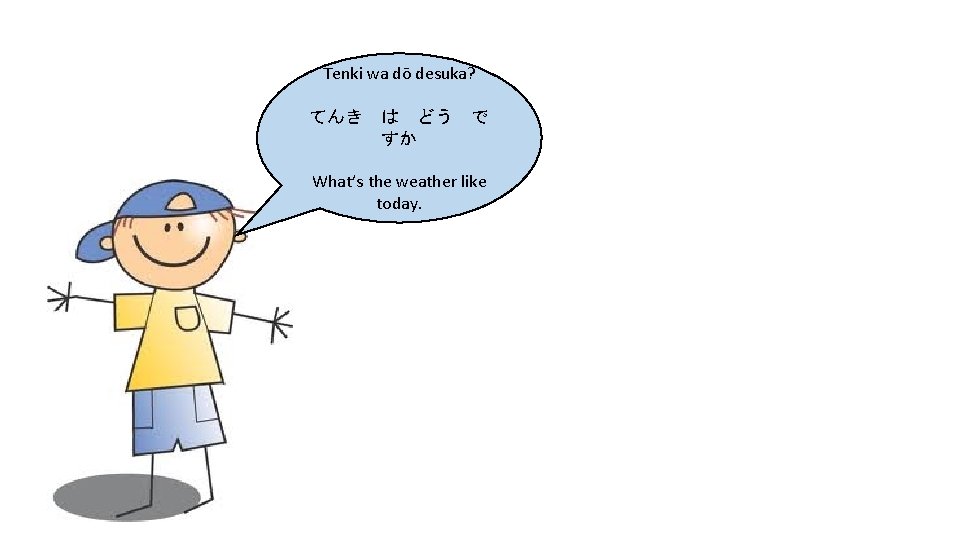 Tenki wa dō desuka? てんき は どう で すか What’s the weather like today. Tenki wa dō desuka? てんき は どう で すか What’s the weather like today.