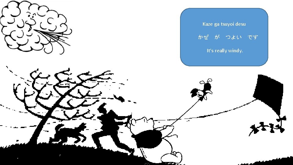 Kaze ga tsuyoi desu かぜ が つよい です It’s really windy. Kaze ga tsuyoi desu かぜ が つよい です It’s really windy.