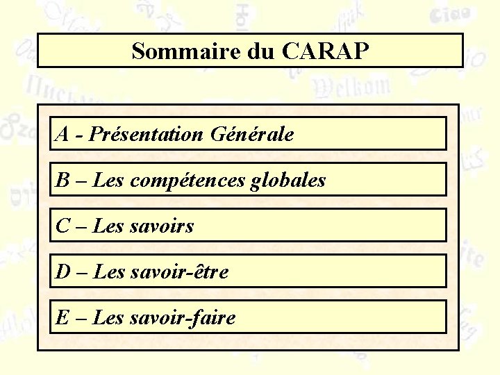 Sommaire du CARAP A - Présentation Générale B – Les compétences globales C –