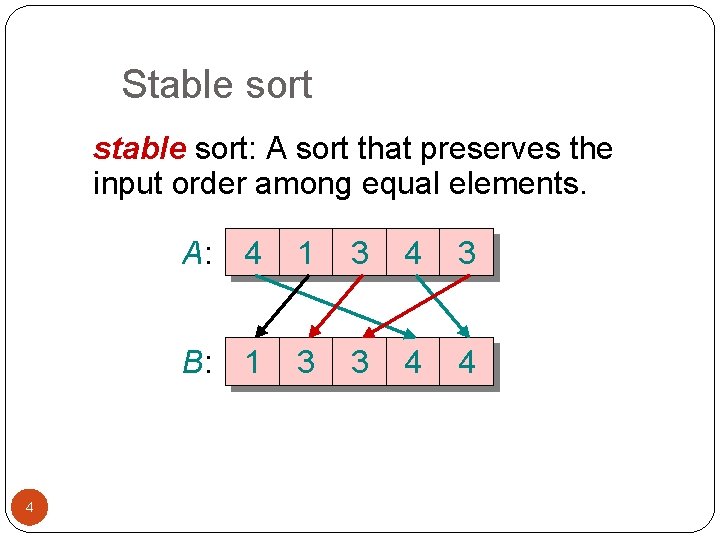 Stable sort stable sort: A sort that preserves the input order among equal elements.