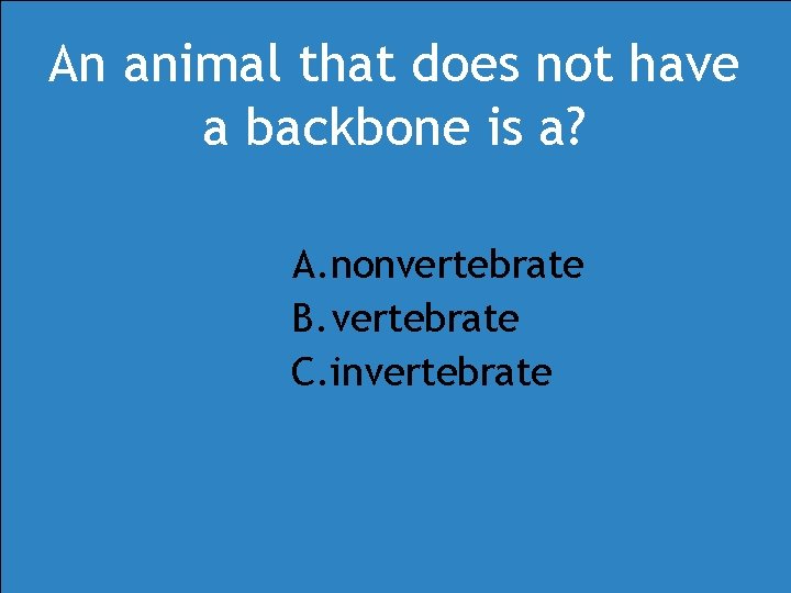 An animal that does not have a backbone is a? A. nonvertebrate B. vertebrate An animal that does not have a backbone is a? A. nonvertebrate B. vertebrate