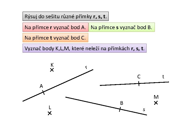 Rýsuj do sešitu různé přímky r, s, t. Na přímce r vyznač bod A.