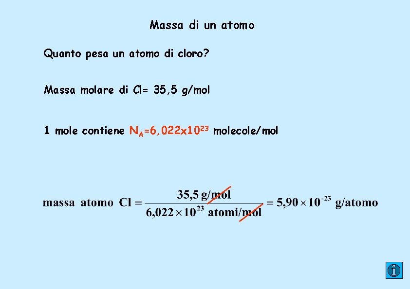 Massa di un atomo Quanto pesa un atomo di cloro? Massa molare di Cl=