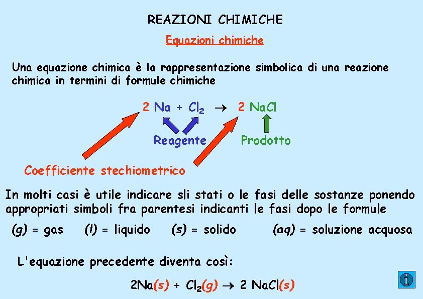 REAZIONI CHIMICHE Equazioni chimiche Una equazione chimica è la rappresentazione simbolica di una reazione