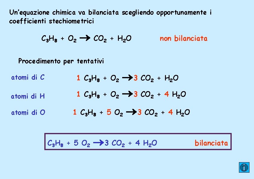 Un’equazione chimica va bilanciata scegliendo opportunamente i coefficienti stechiometrici C 3 H 8 +