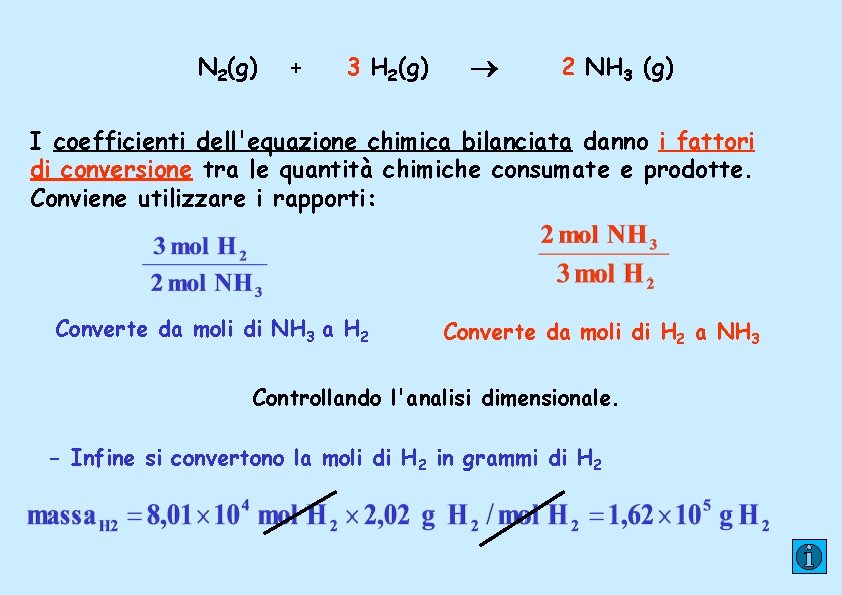 N 2(g) + 3 H 2(g) 2 NH 3 (g) I coefficienti dell'equazione chimica