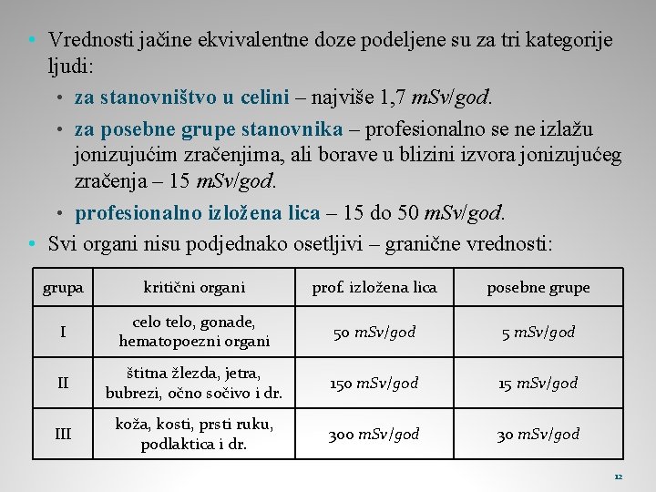  • Vrednosti jačine ekvivalentne doze podeljene su za tri kategorije ljudi: • za