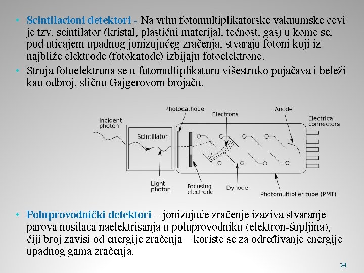  • Scintilacioni detektori - Na vrhu fotomultiplikatorske vakuumske cevi je tzv. scintilator (kristal,