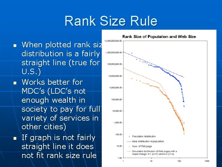 Rank Size Rule n n n When plotted rank size distribution is a fairly