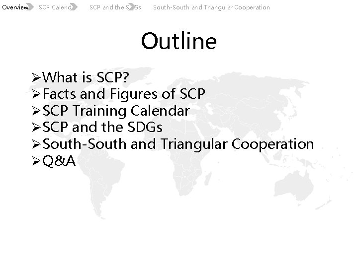 Overview SCP Calendar SCP and the SDGs South-South and Triangular Cooperation Outline ØWhat is