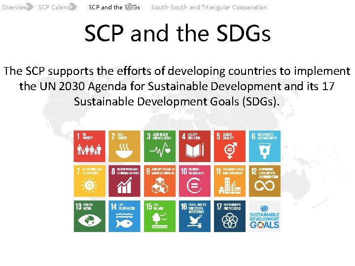 Overview SCP Calendar SCP and the SDGs South-South and Triangular Cooperation SCP and the
