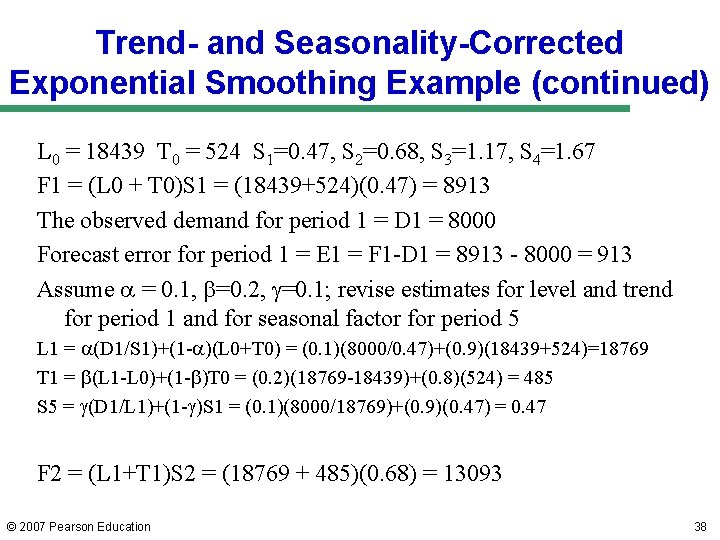 Trend- and Seasonality-Corrected Exponential Smoothing Example (continued) L 0 = 18439 T 0 = Trend- and Seasonality-Corrected Exponential Smoothing Example (continued) L 0 = 18439 T 0 =