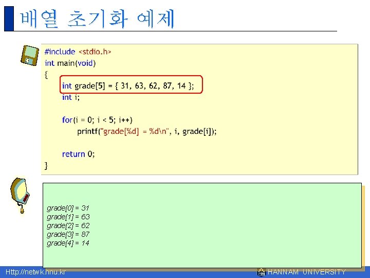 배열 초기화 예제 grade[0] = 31 grade[1] = 63 grade[2] = 62 grade[3] =