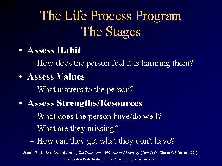 The Life Process Program The Stages • Assess Habit – How does the person